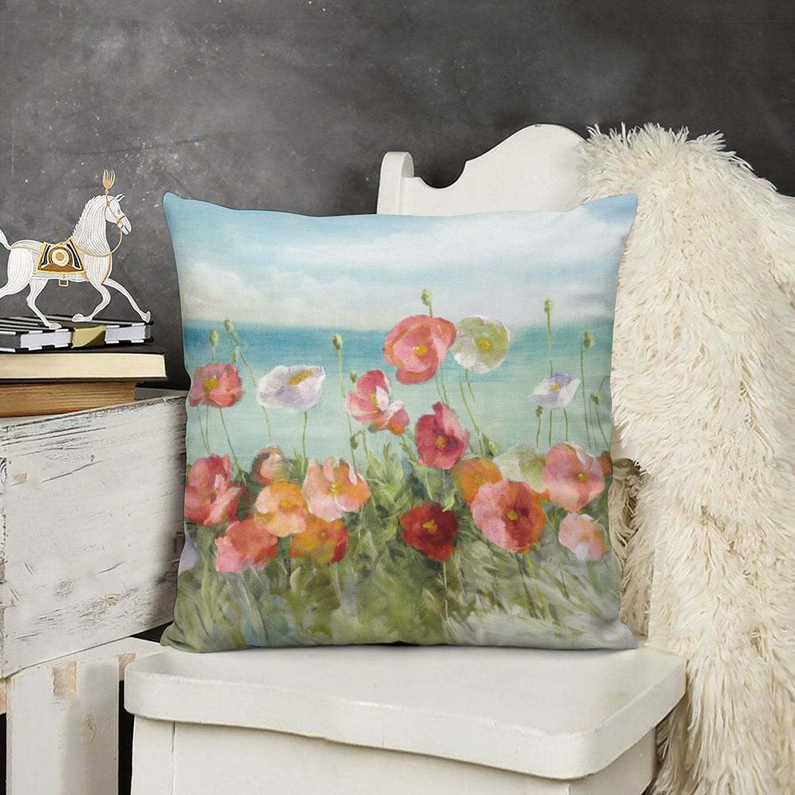 Plush throw pillow cover with poppy floral art for sofa decor. Soft, fluffy material and vibrant colors.