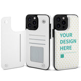 iPhone 15 series white PU leather flip case with 'YOUR DESIGN HERE' text, card slots, and magnetic closure
