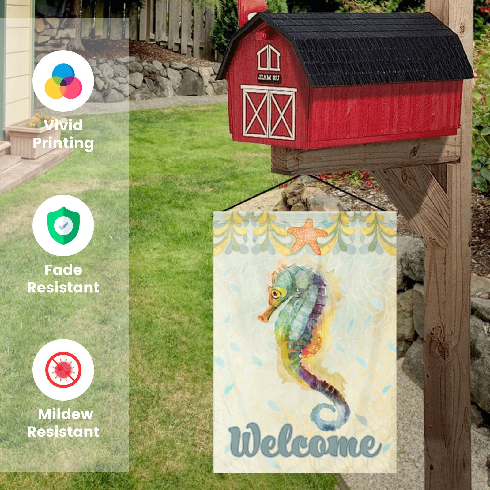 Seahorse Welcome Garden Flag, double-sided polyester, farmhouse yard decor, fade and mildew resistant, Vivid printing