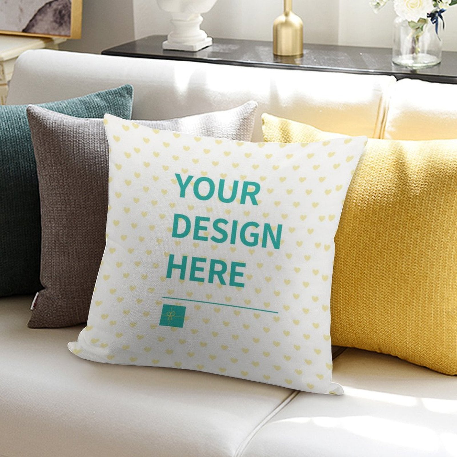Customizable throw pillow cover, "Your Design Here" on white plush with heart pattern; perfect gift idea.