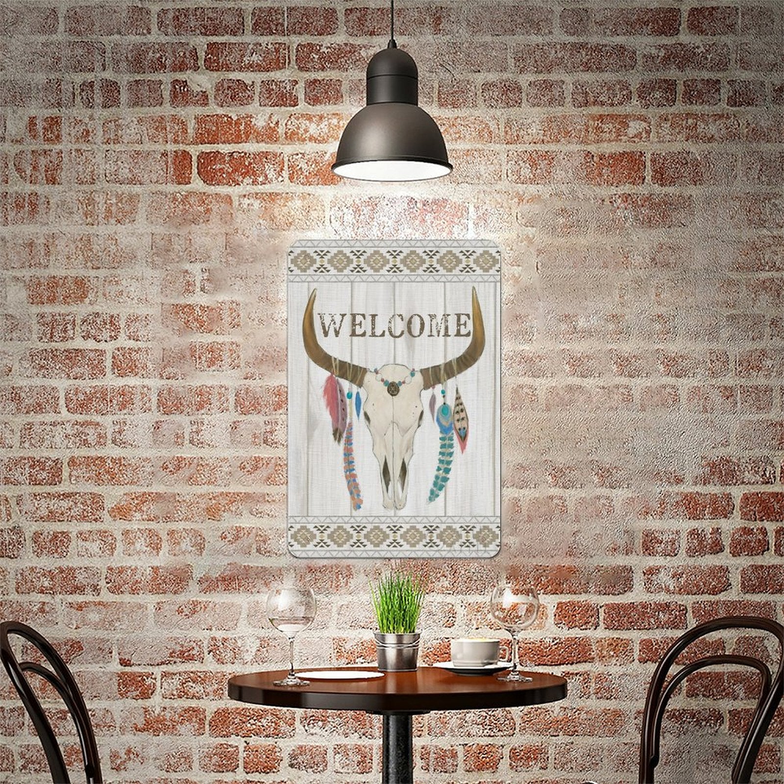 Bohemian WELCOME metal tin sign with bull skull design, personalized iron painting, perfect for home decor.