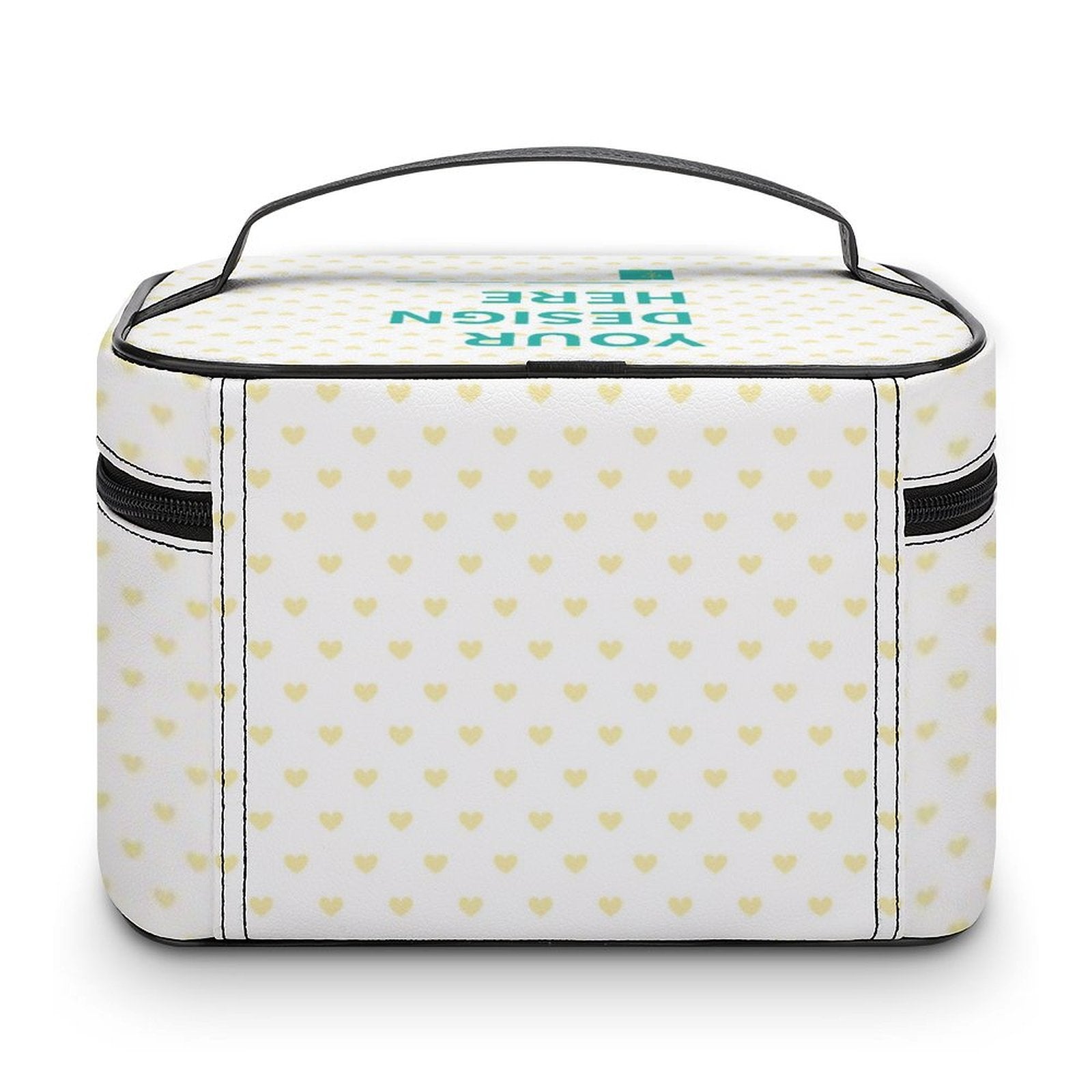 Personalized lychee leather makeup bag with heart pattern and 'YOUR DESIGN HERE' text, custom travel makeup case.