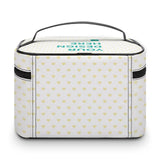 Personalized lychee leather makeup bag with heart pattern and 'YOUR DESIGN HERE' text, custom travel makeup case.