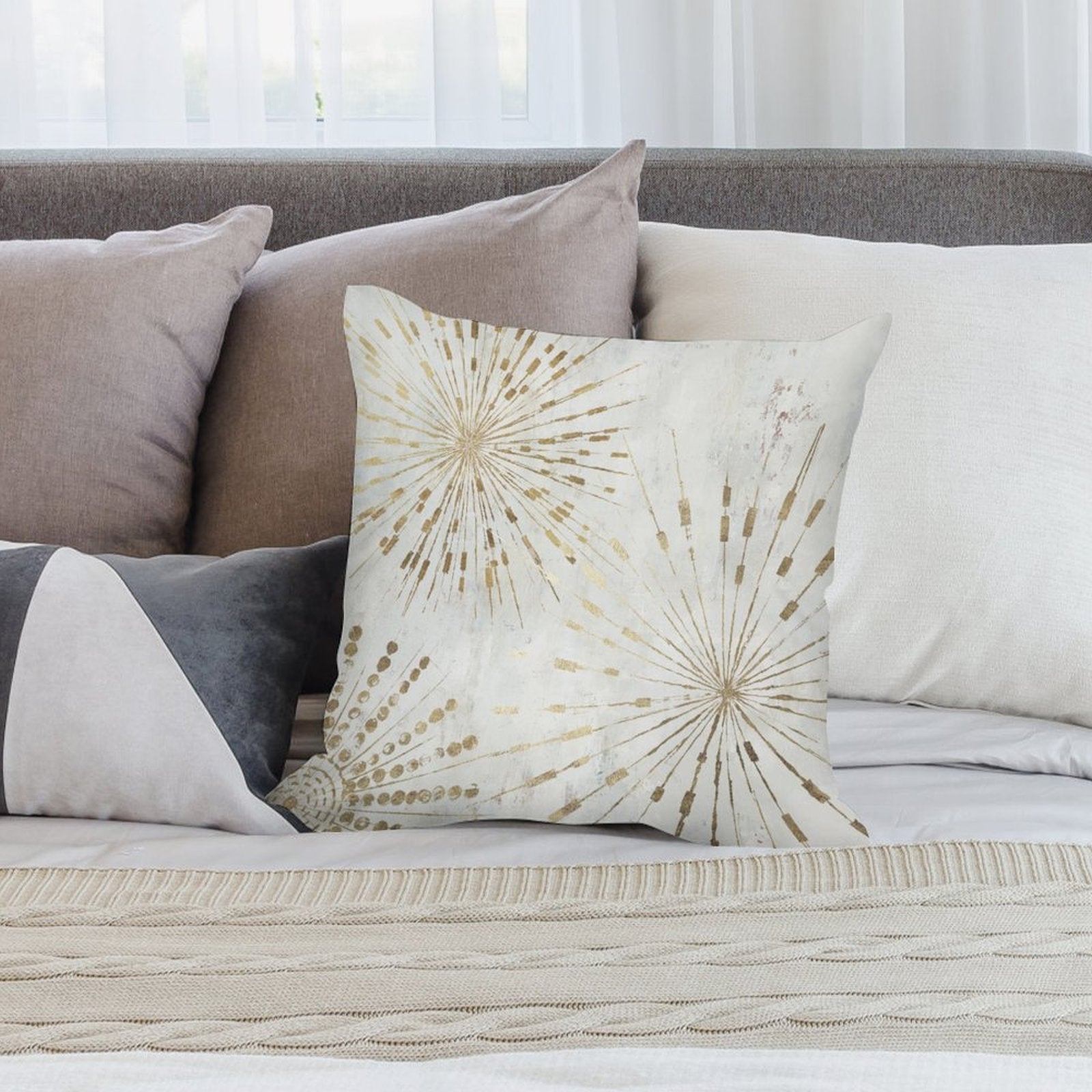 Luxury soft plush pillow cover with gold burst design, ideal for sofas and living room decor
