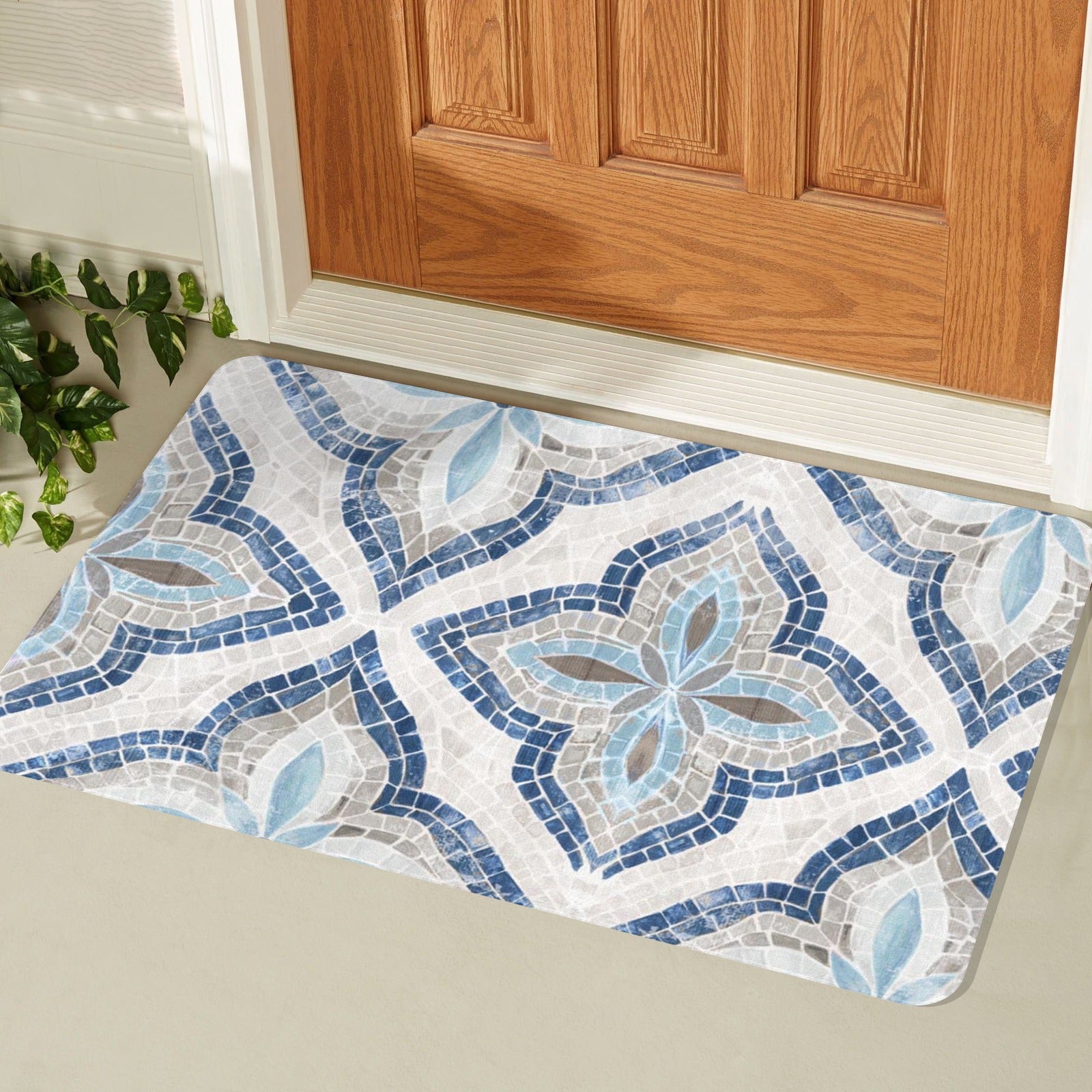 Blue mosaic doormat, rubber floor mat for indoor or outdoor use, floral design.