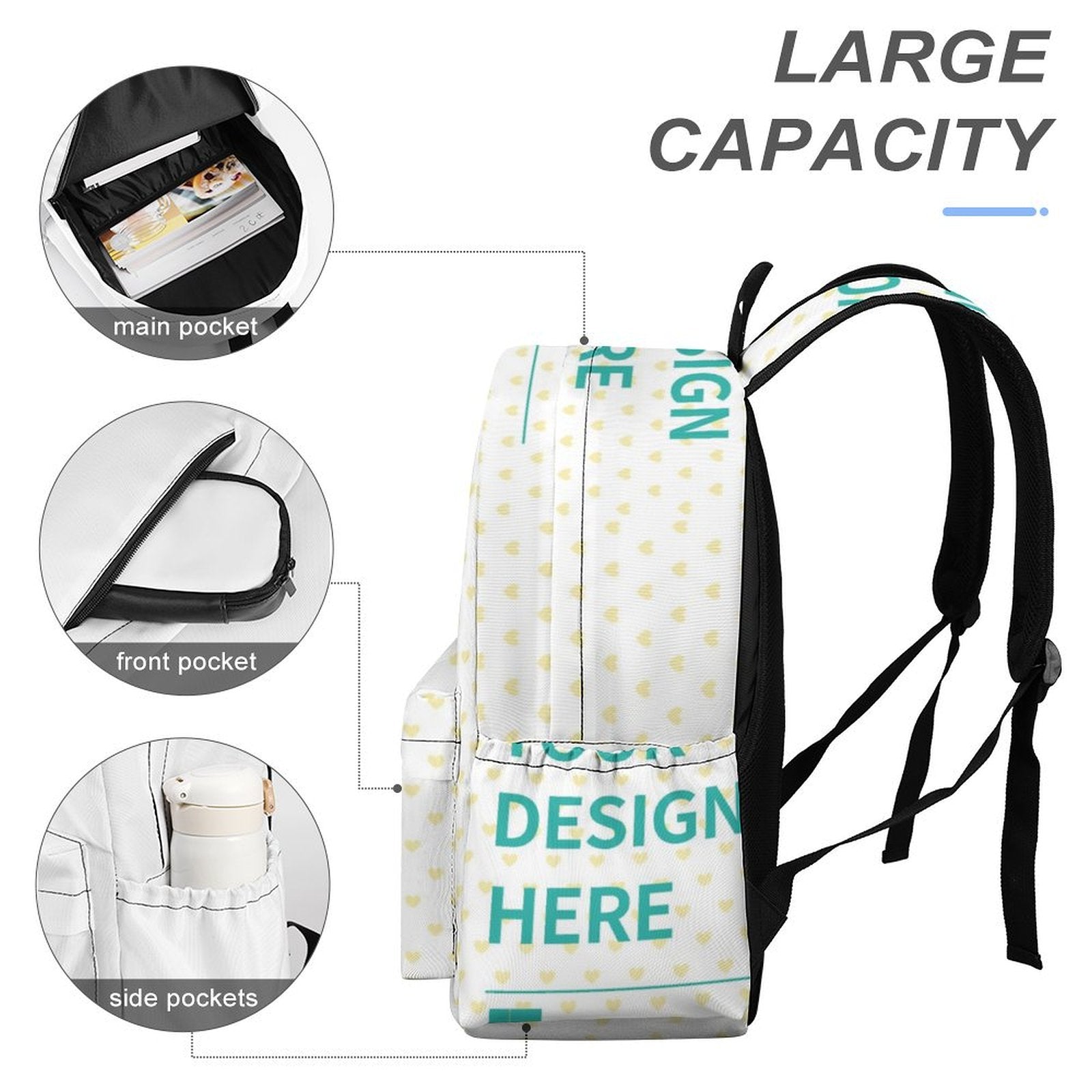 Customizable Oxford cloth backpack with 'DESIGN HERE' text. Personalized kids' bookbag with heart pattern, large capacity.