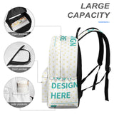 Customizable Oxford cloth backpack with 'DESIGN HERE' text. Personalized kids' bookbag with heart pattern, large capacity.