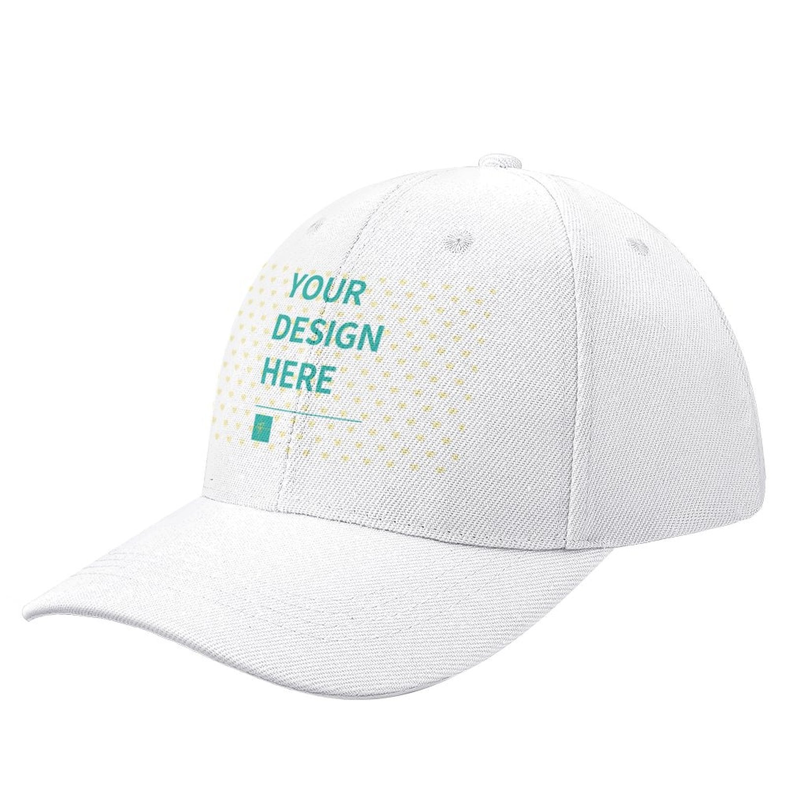 Custom white baseball cap with 'YOUR DESIGN HERE' on polyester, personalized hat for men and women.