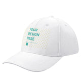 Custom white baseball cap with 'YOUR DESIGN HERE' on polyester, personalized hat for men and women.