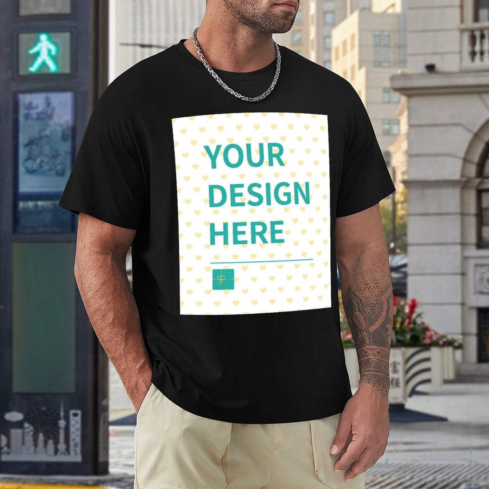Men's black customizable crew neck t-shirt. Add your design here! Custom tee at MyArtsyGift.