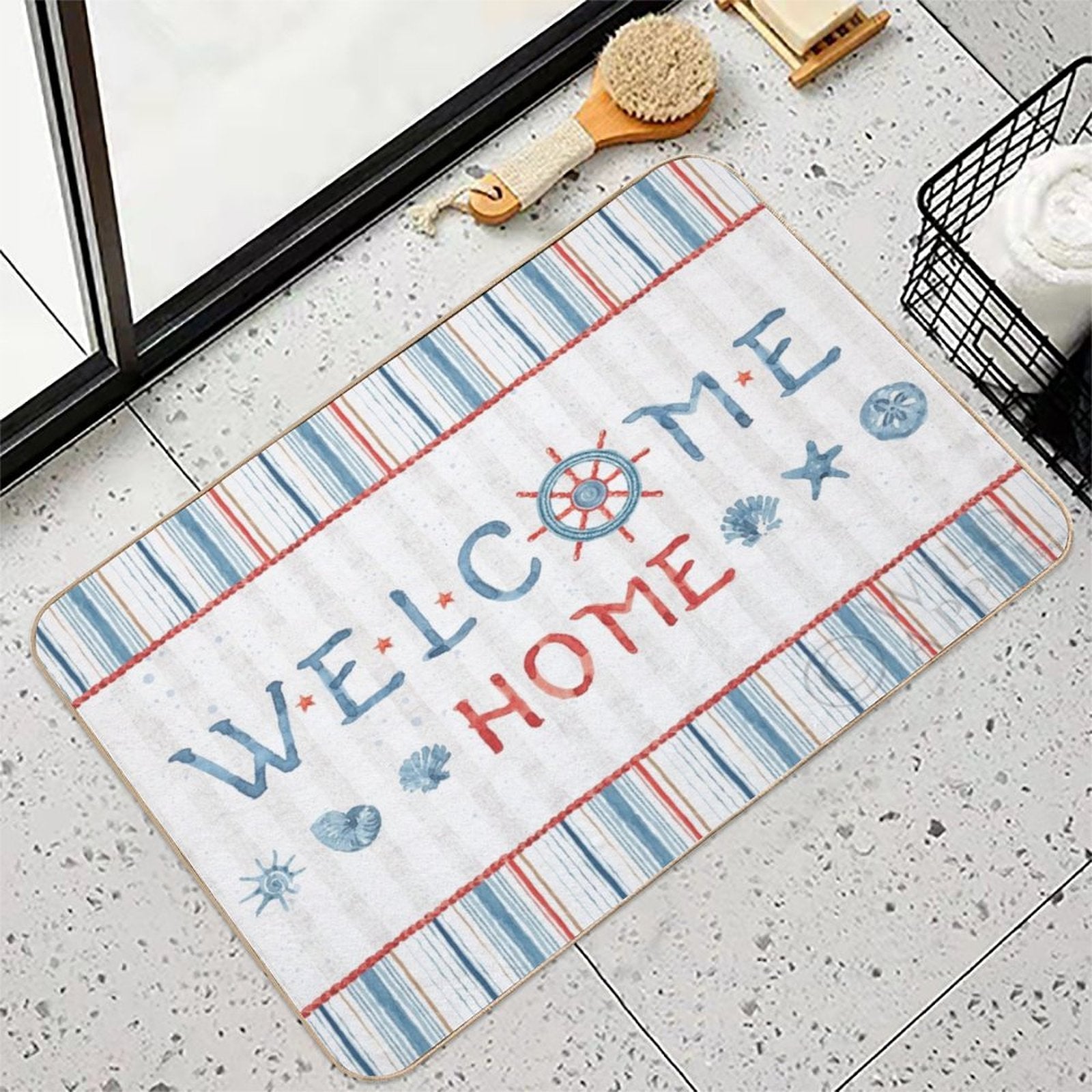 Nautical welcome home floor mat. Striped blue and red design with seashells and ship wheel. Washable doormat.