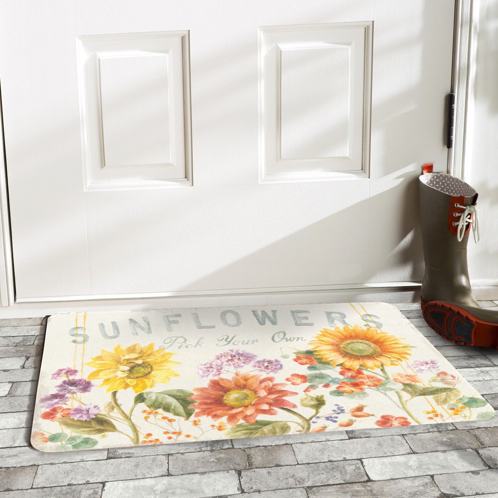 Autumn Sunflower Door Mat with 'SUNFLOWERS Pick Your Own' text, indoor/outdoor entrance decor