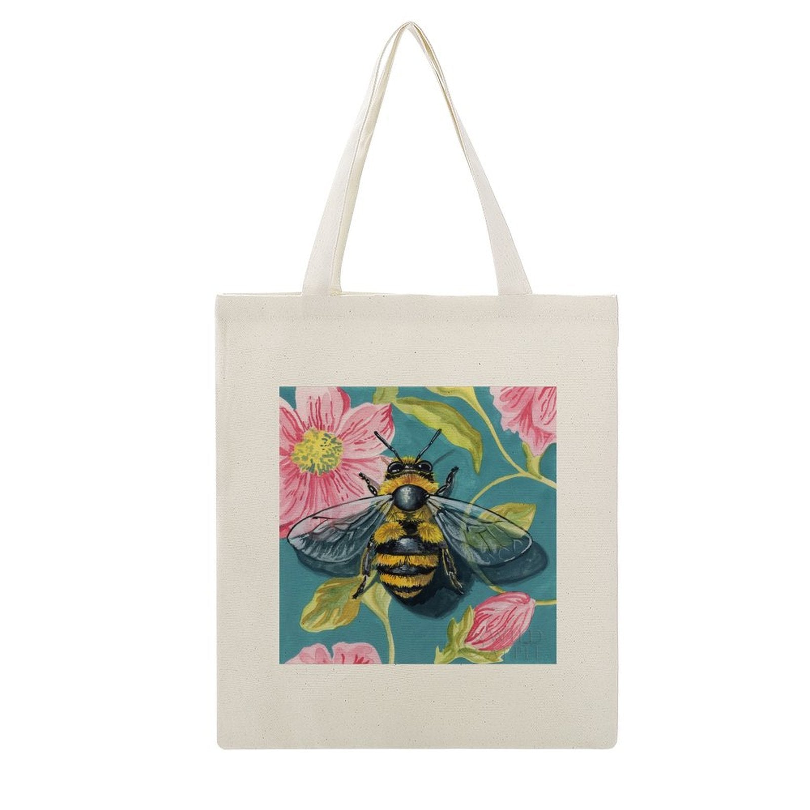 Personalized canvas tote bag with a fuzzy bee and pink floral design, perfect for shopping and everyday use.