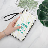 Personalized PU leather long zipper purse with 'Your Design Here' text, available at MyArtsyGift.com