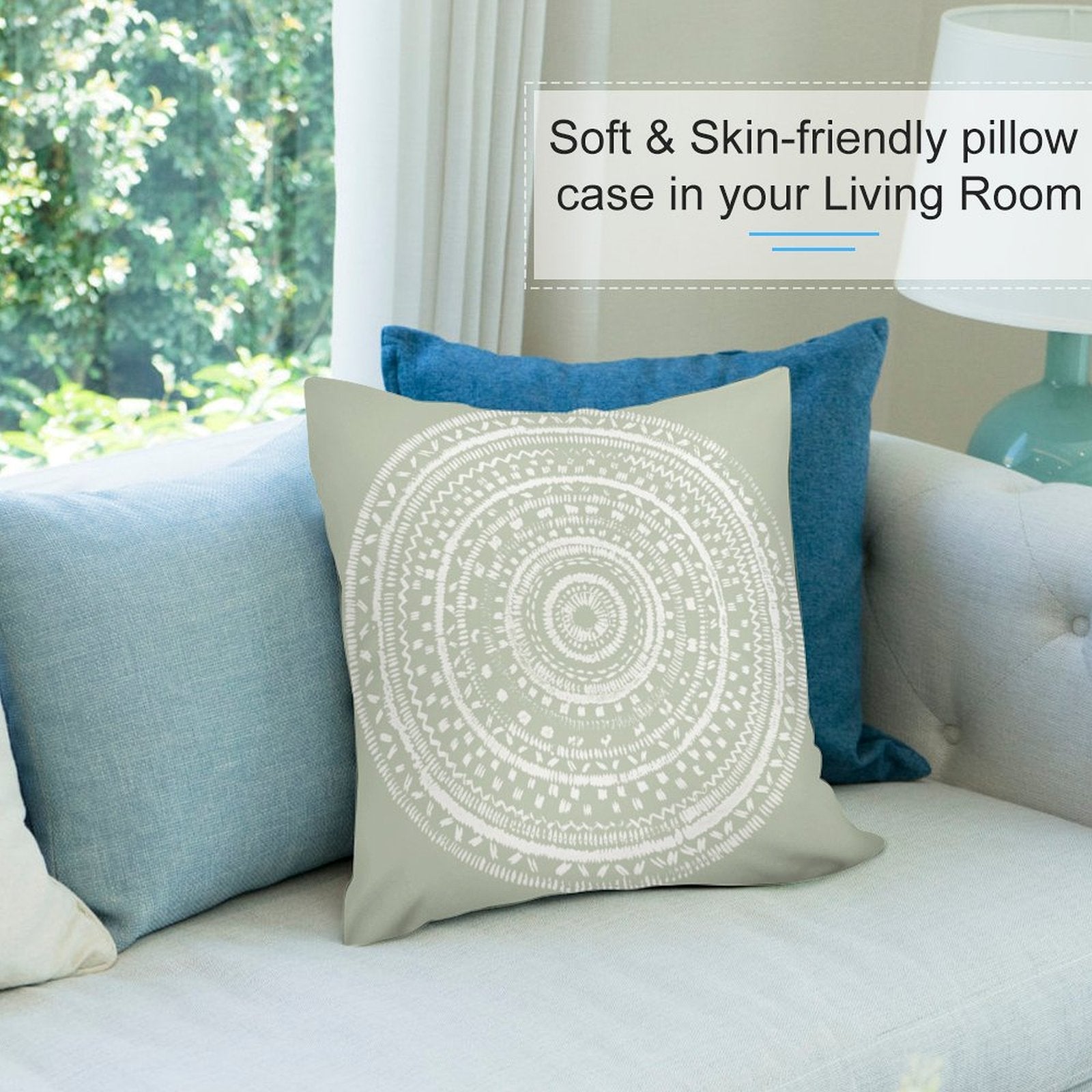 Soft sage green mandala pillow cover on couch, perfect for living room decor, MyArtsyGift