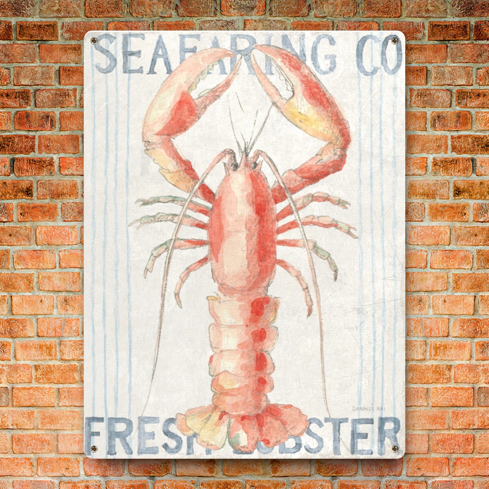 Fresh Lobster Metal Sign, kitchen wall decor, Seafood Co. sign on brick wall