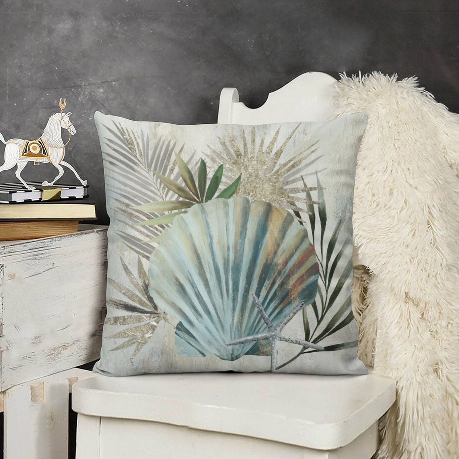 Plush throw pillow cover with seashell design, for sofa, couch, and living room, soft and fluffy.