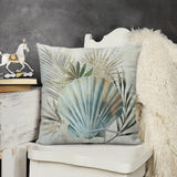 Plush throw pillow cover with seashell art and tropical leaves for sofa, couch, living room decor