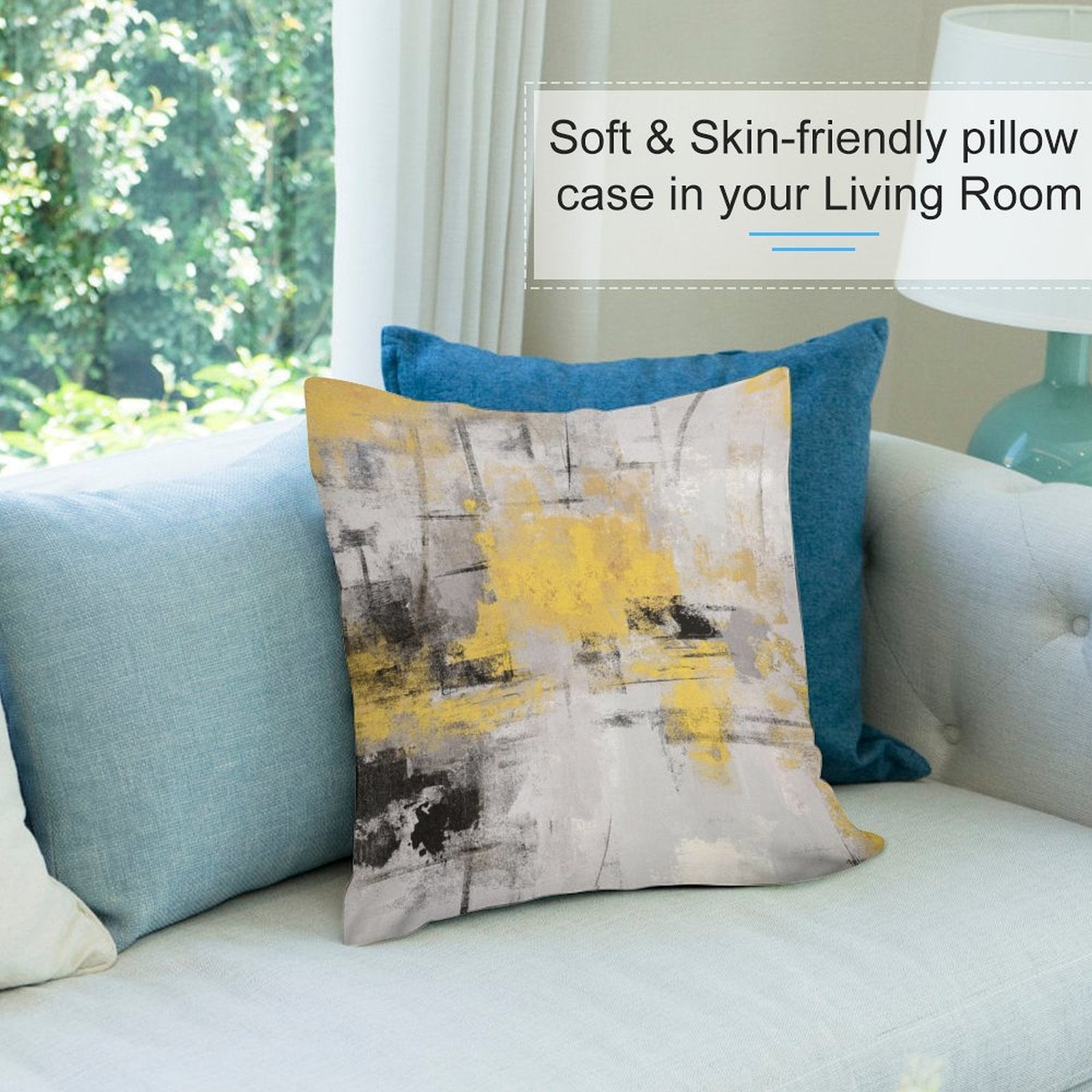 Abstract art throw pillow cover with yellow, gray, and black design, soft plush fabric, living room decor