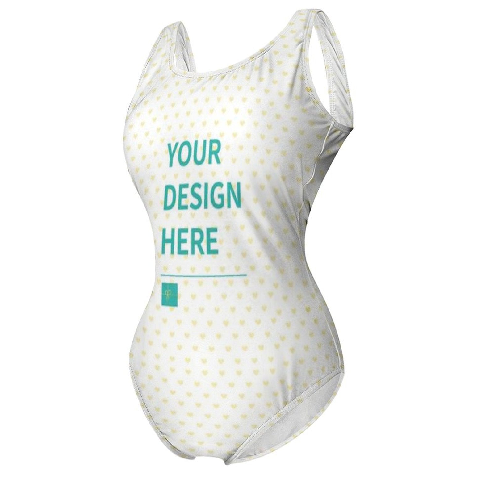 Customizable one-piece swimsuit with heart pattern. Features "YOUR DESIGN HERE" text, perfect for personalized designs.