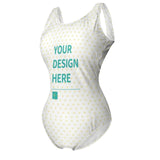 Customizable one-piece swimsuit with heart pattern. Features "YOUR DESIGN HERE" text, perfect for personalized designs.