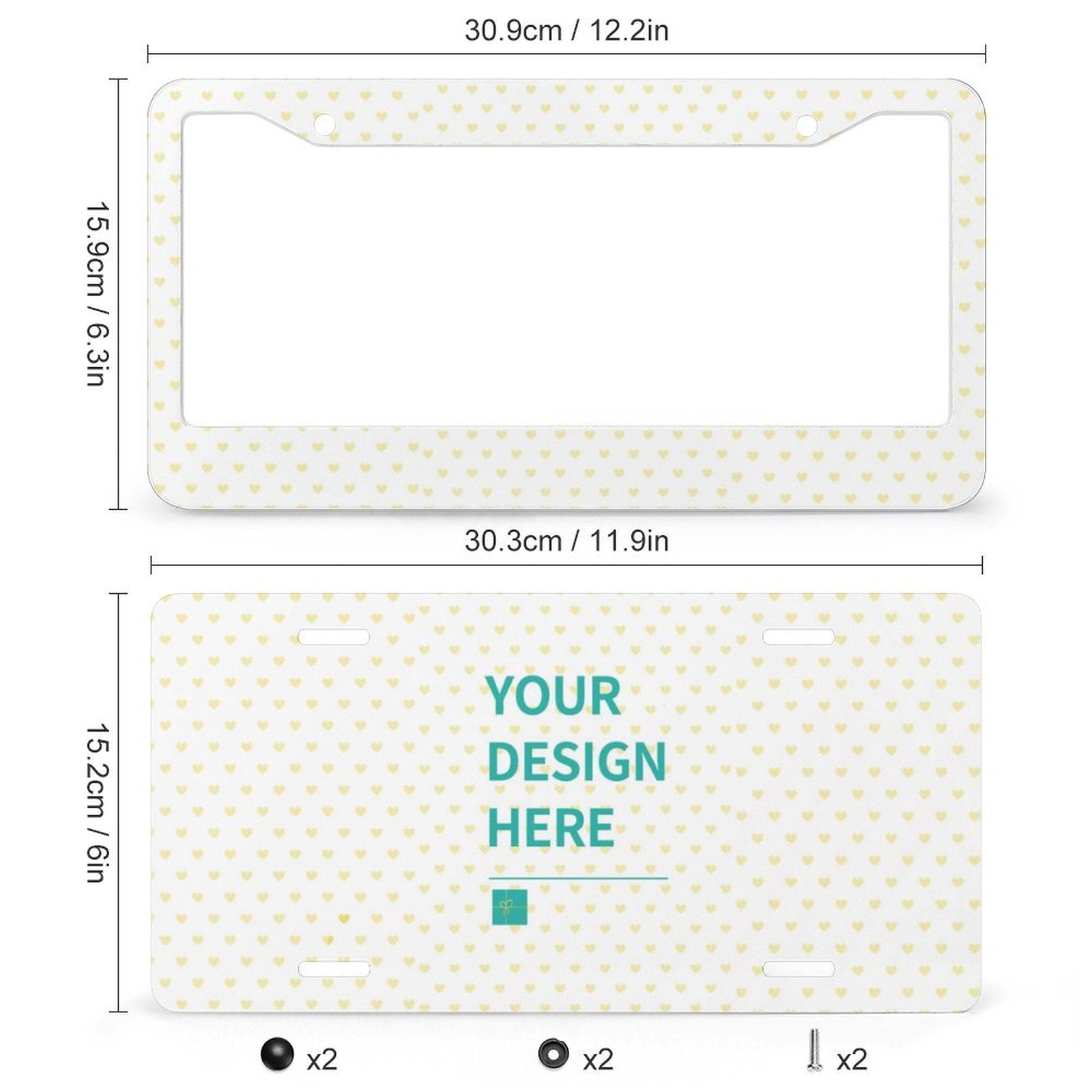 Customizable license plate with heart pattern and 'YOUR DESIGN HERE' text, made of aluminum.