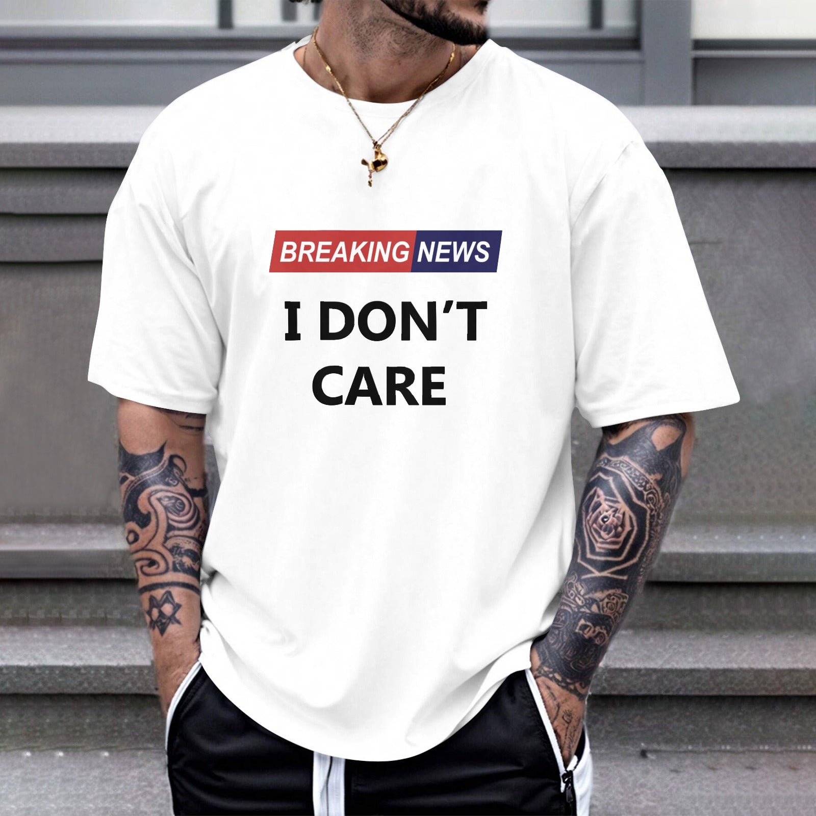 White Gildan Unisex T-shirt with "Breaking News I Don't Care" print. Comfortable cotton tee for everyday wear, MyArtsyGift