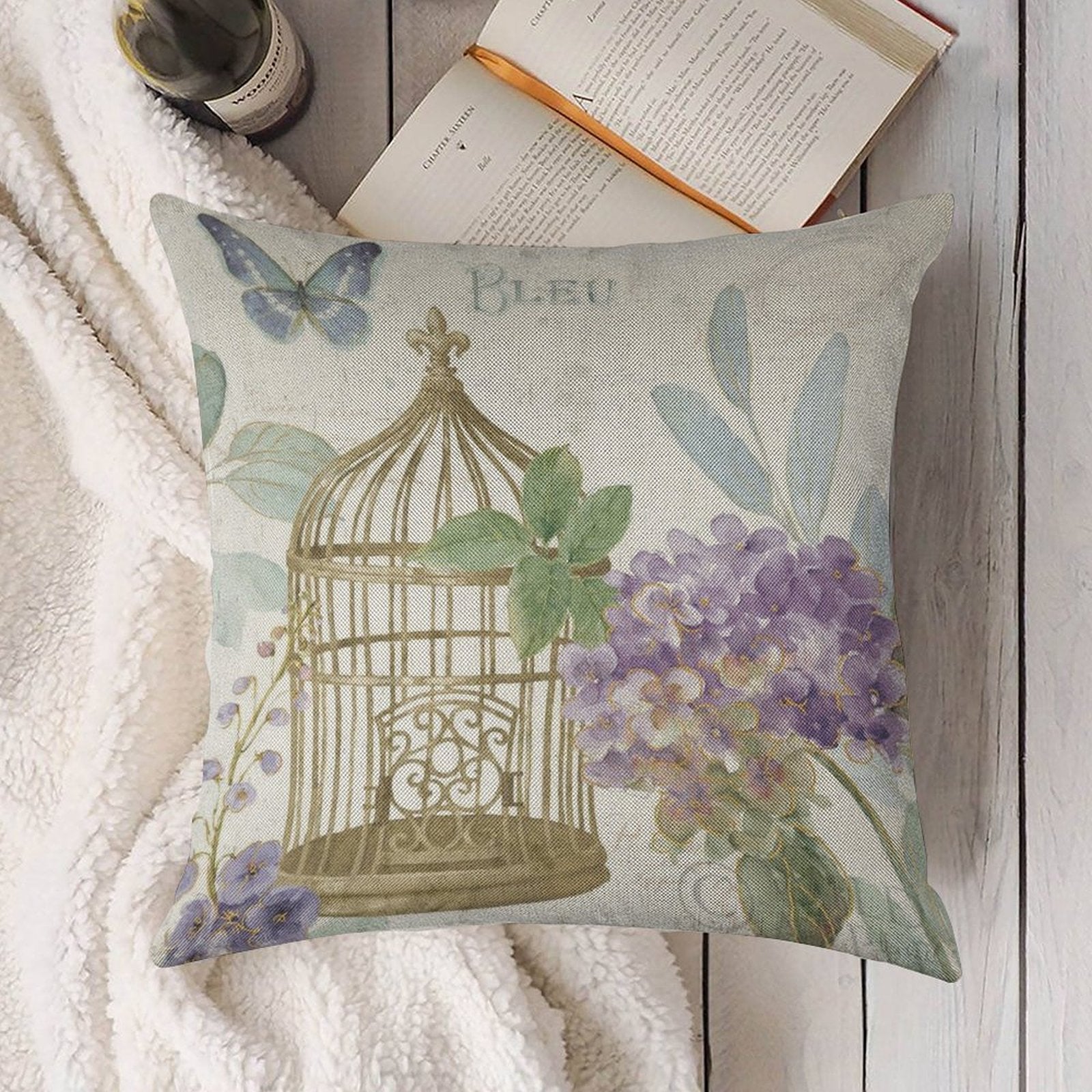 Linen pillowcase with birdcage floral design for living room, lavender hydrangeas, BLEU, MyArtsyGift
