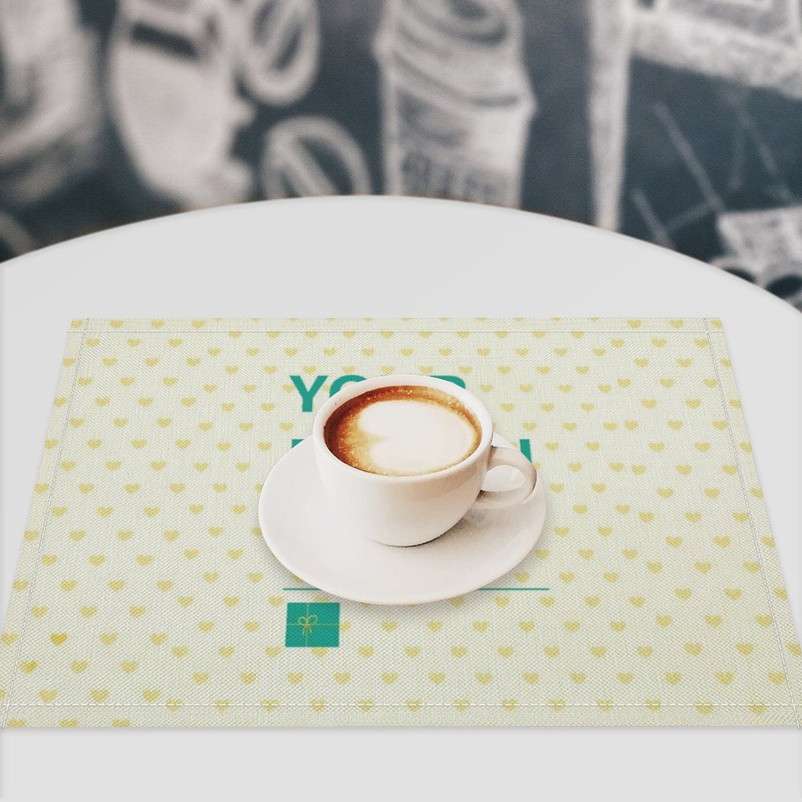 Custom flax placemat with heart pattern, perfect for dining table decor, with coffee cup and text.