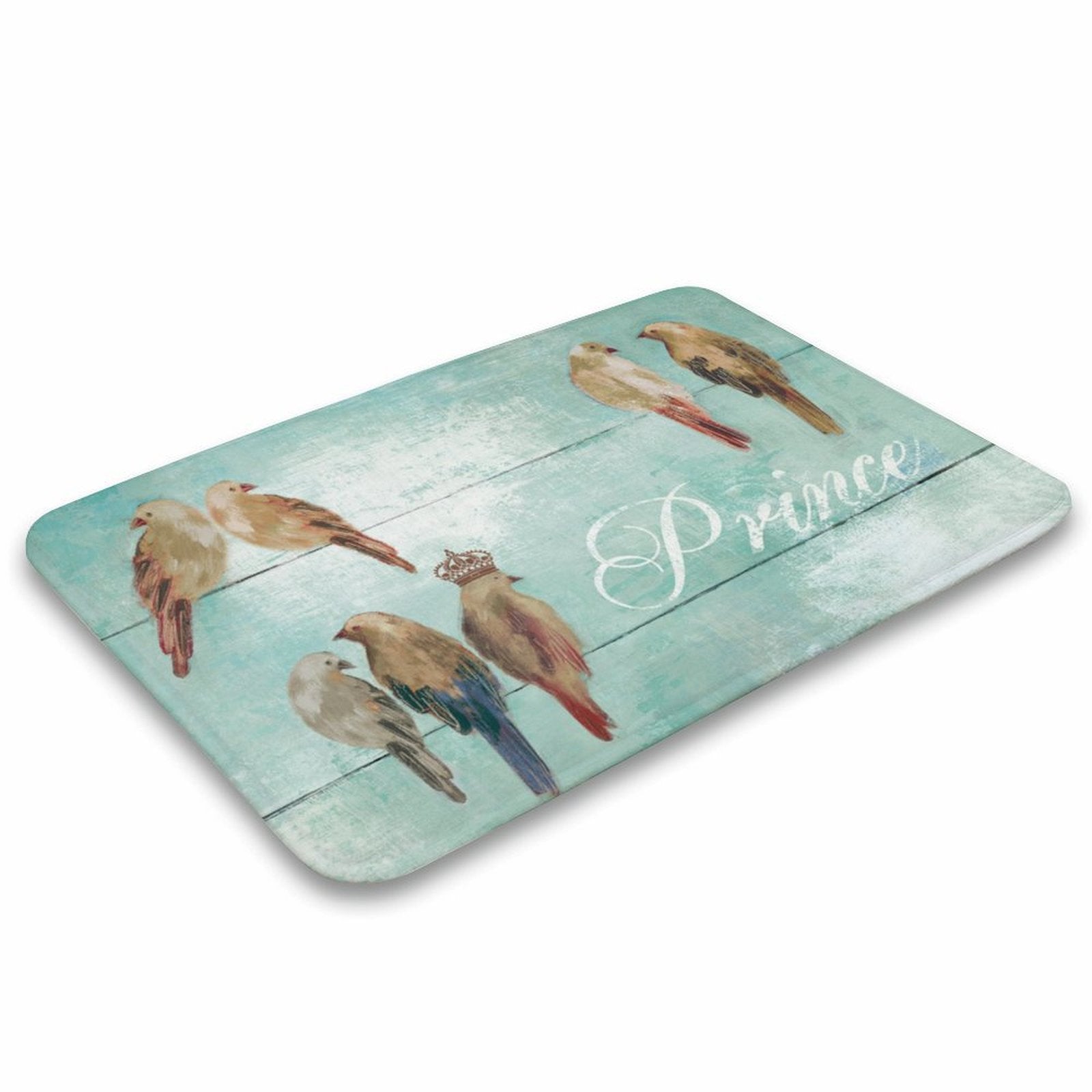 Coral velvet bathroom rug with bird watercolor print and 'Prince' text, non-slip, for bathrooms