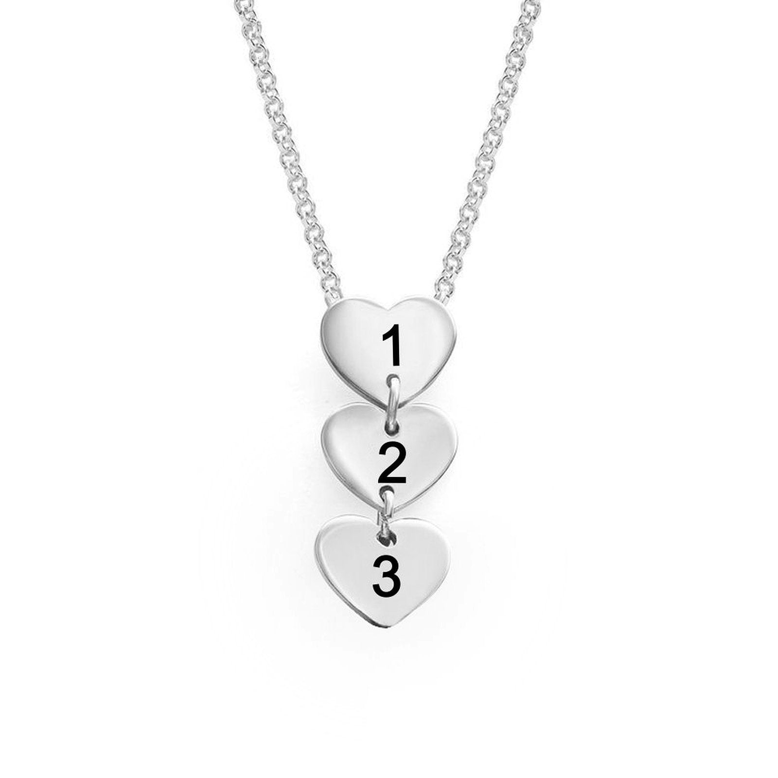 Personalized heart pendant necklace with numbers 1, 2, 3. Custom silver chain necklace. Great gift from MyArtsyGift.