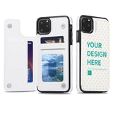 Personalized iPhone 11 Pro Max flip case with 'YOUR DESIGN HERE', white leather, and card slot for MyArtsyGift