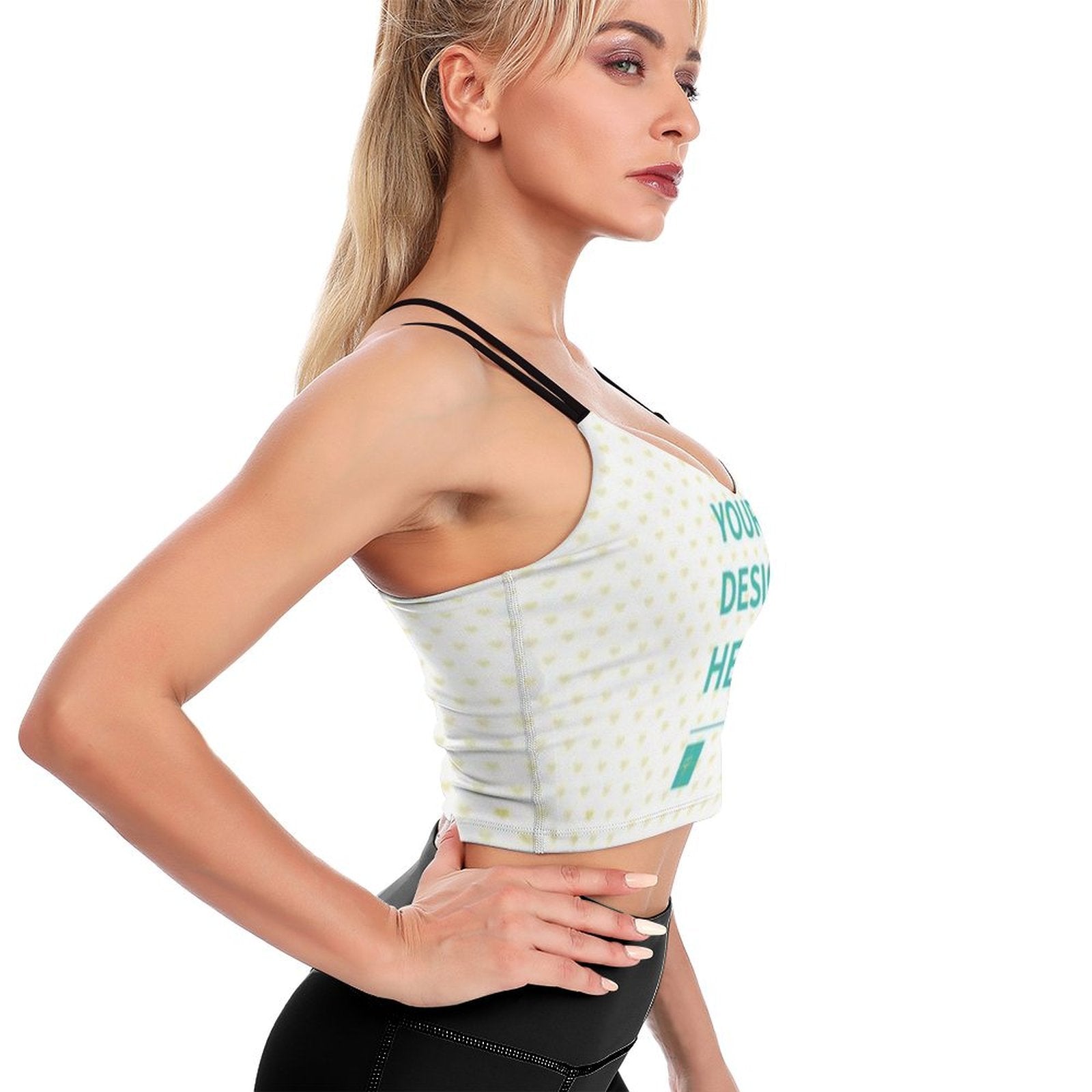 Custom Yoga Top for Women with 'YOUR DESIGN HERE' design, white with black straps, personalized sports bra