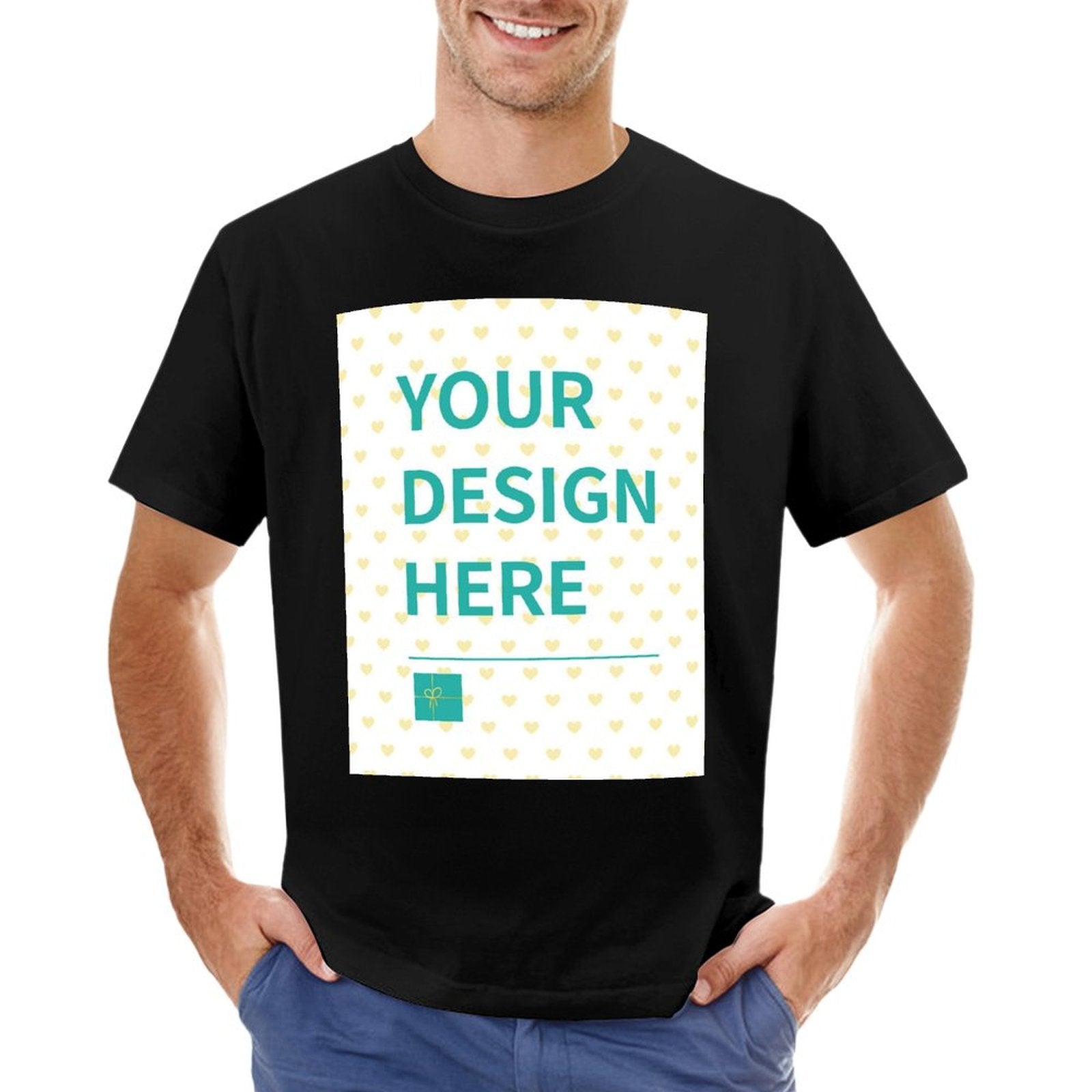 Men's black short sleeve t-shirt with customizable design, featuring 'YOUR DESIGN HERE' at MyArtsyGift