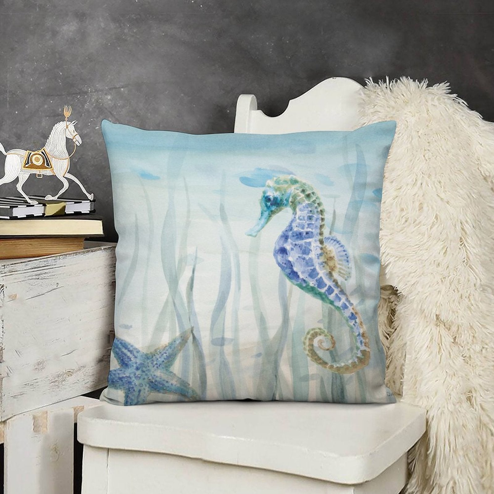Luxury short plush pillow cover with watercolor seahorse and starfish art for sofa and living room decor