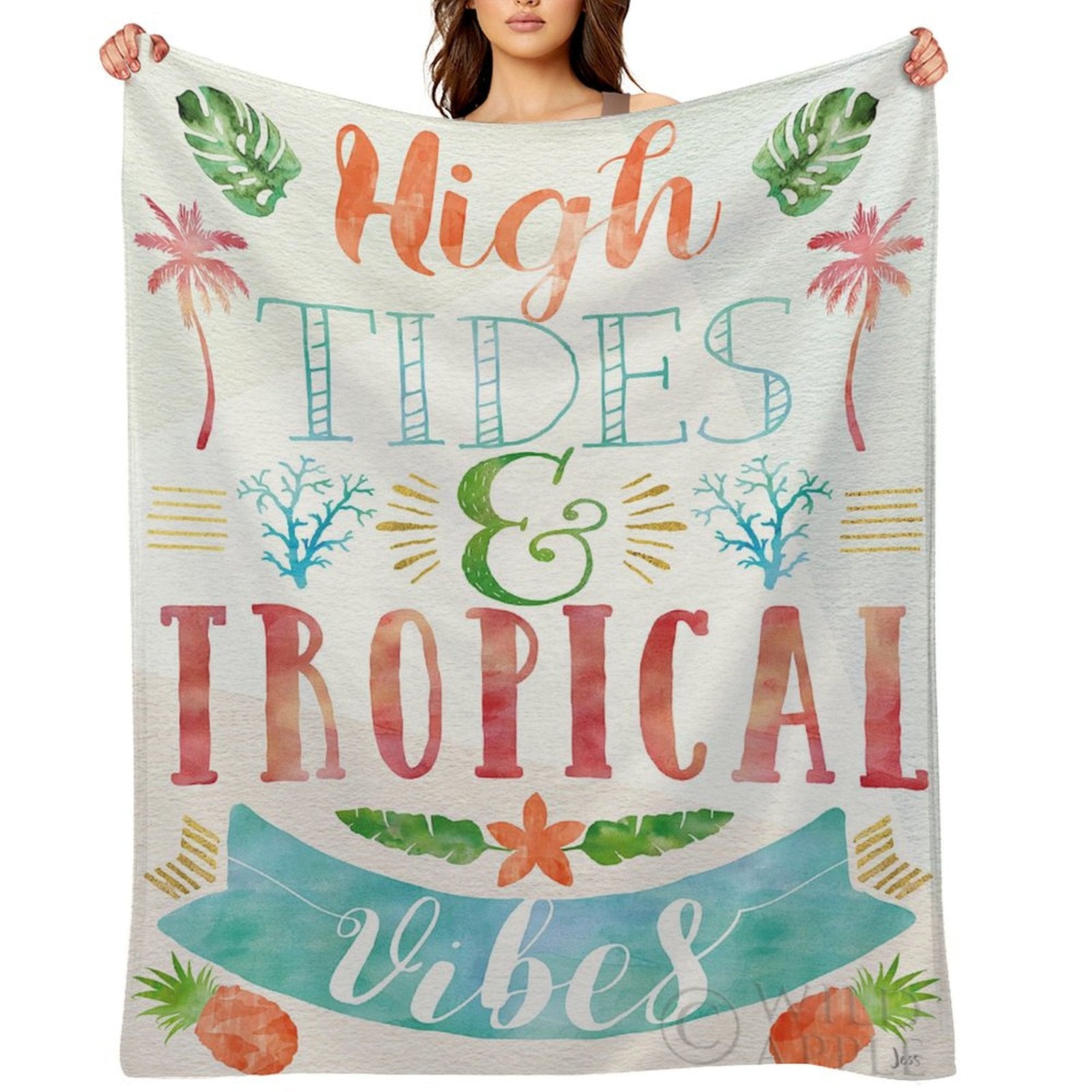 High Tides & Tropical Vibes fleece blanket, soft and cozy for bed, sofa, or travel. Made in USA