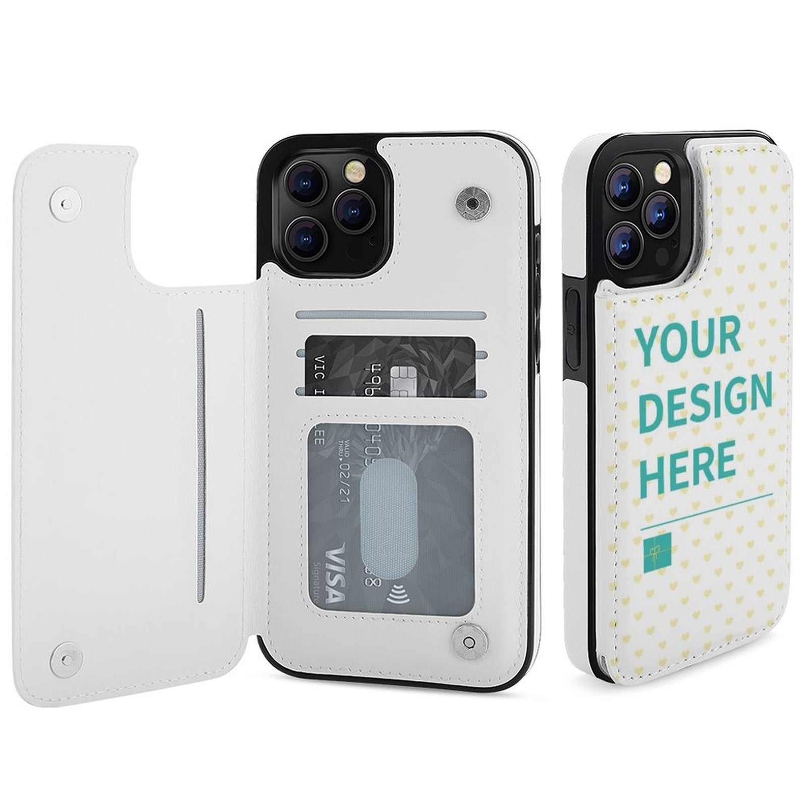 Personalized white PU leather iPhone 12 wallet case with card slots and custom design | MyArtsyGift.com