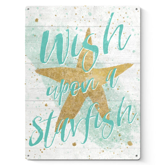 Starfish metal sign with 'Wish upon a Starfish' quote, USA made. Decorative shiplap design, perfect for beach decor.