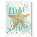 Starfish metal sign with 'Wish upon a Starfish' quote, USA made. Decorative shiplap design, perfect for beach decor.