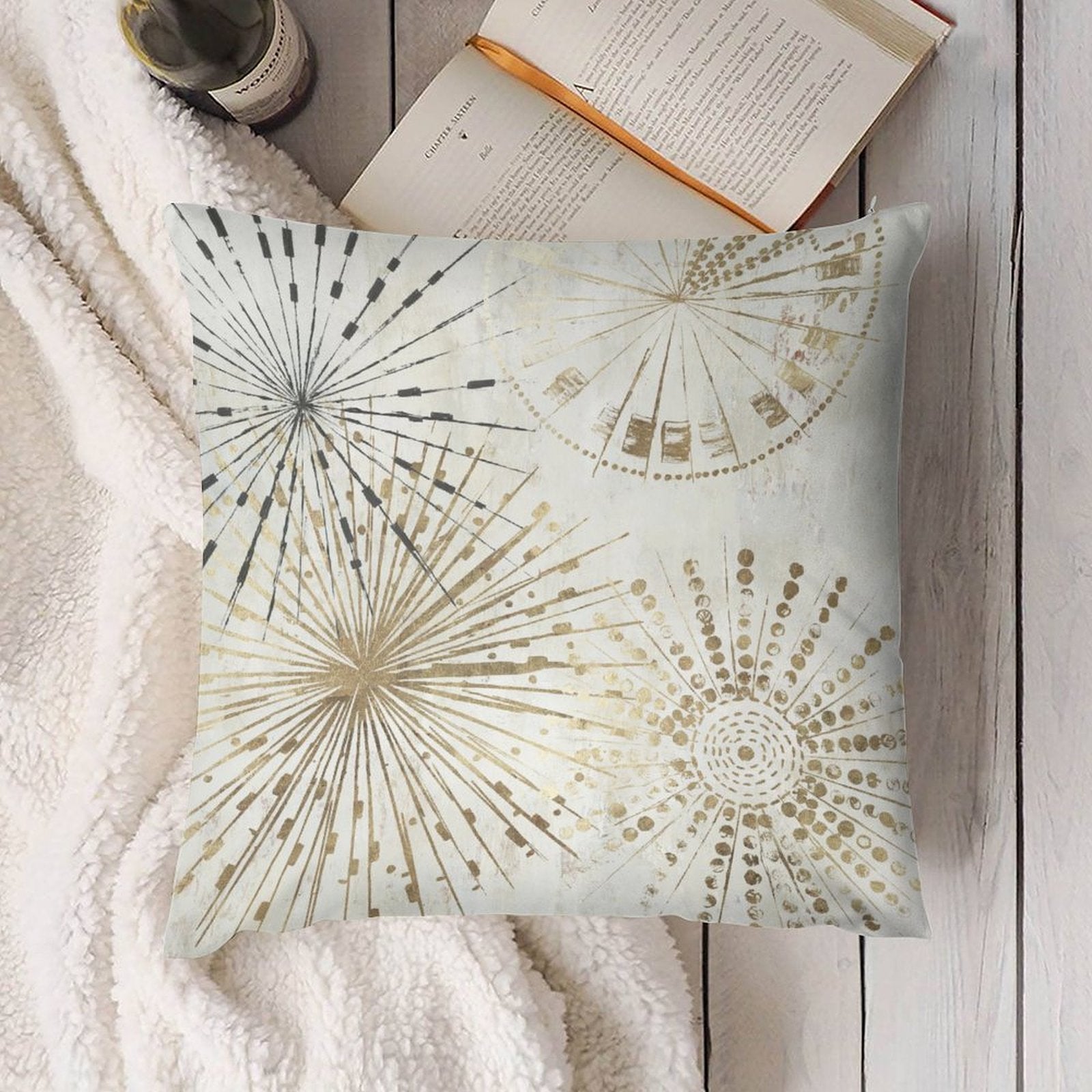 Gold starburst decorative throw pillow cover, cream background. Soft, fluffy design for sofa and living room decor