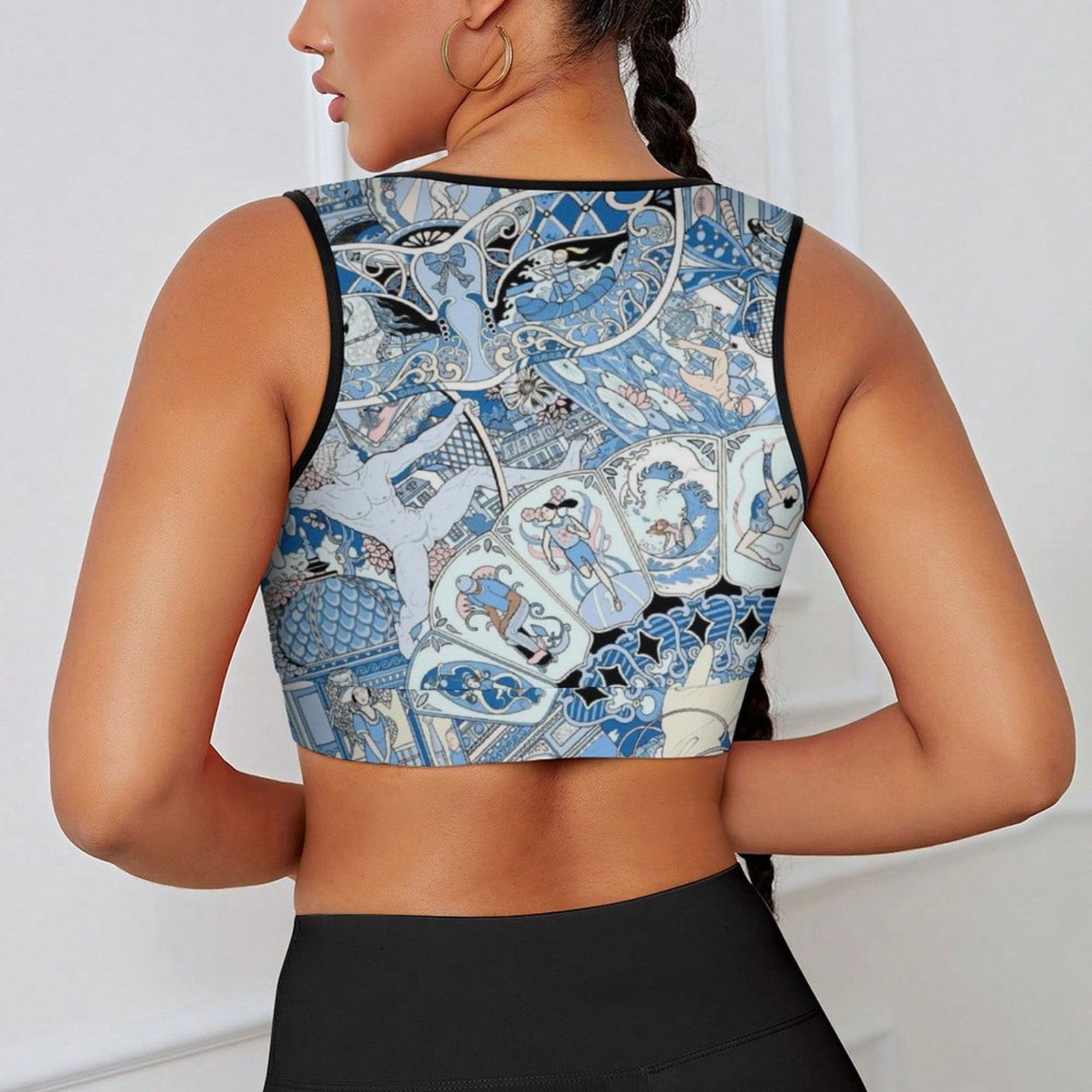 Artistic patterned sports bra in blue and white, U-neckline, ideal for yoga and workouts