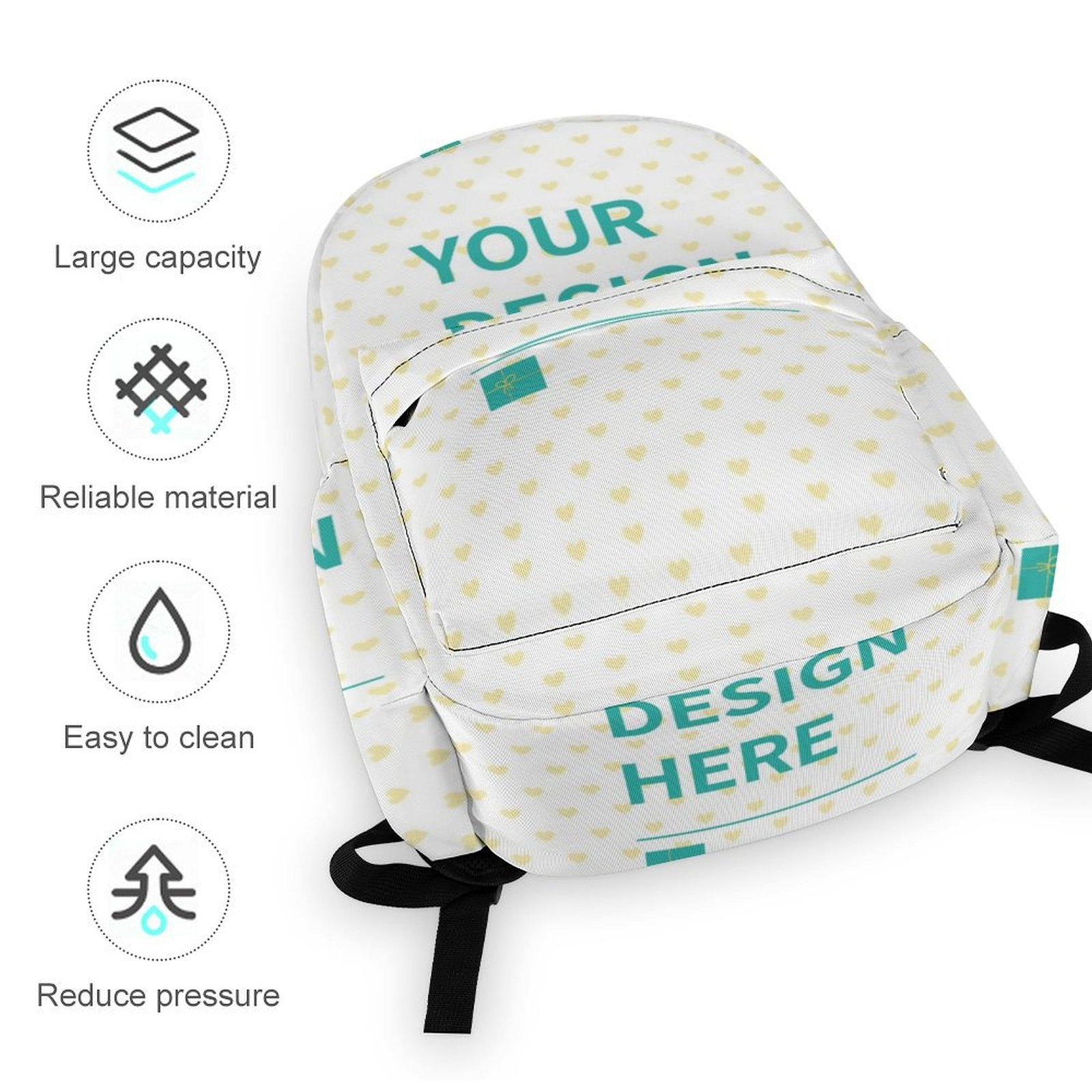 Customizable heart patterned Oxford cloth backpack with 'YOUR DESIGN HERE' and 'DESIGN HERE', ideal for kids, large capacity