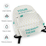 Customizable heart patterned Oxford cloth backpack with 'YOUR DESIGN HERE' and 'DESIGN HERE', ideal for kids, large capacity