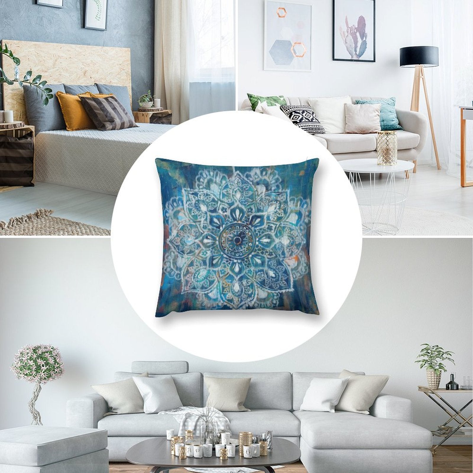 Blue mandala plush pillow cover displayed in living room setting, decorative and soft, perfect for sofas and couches