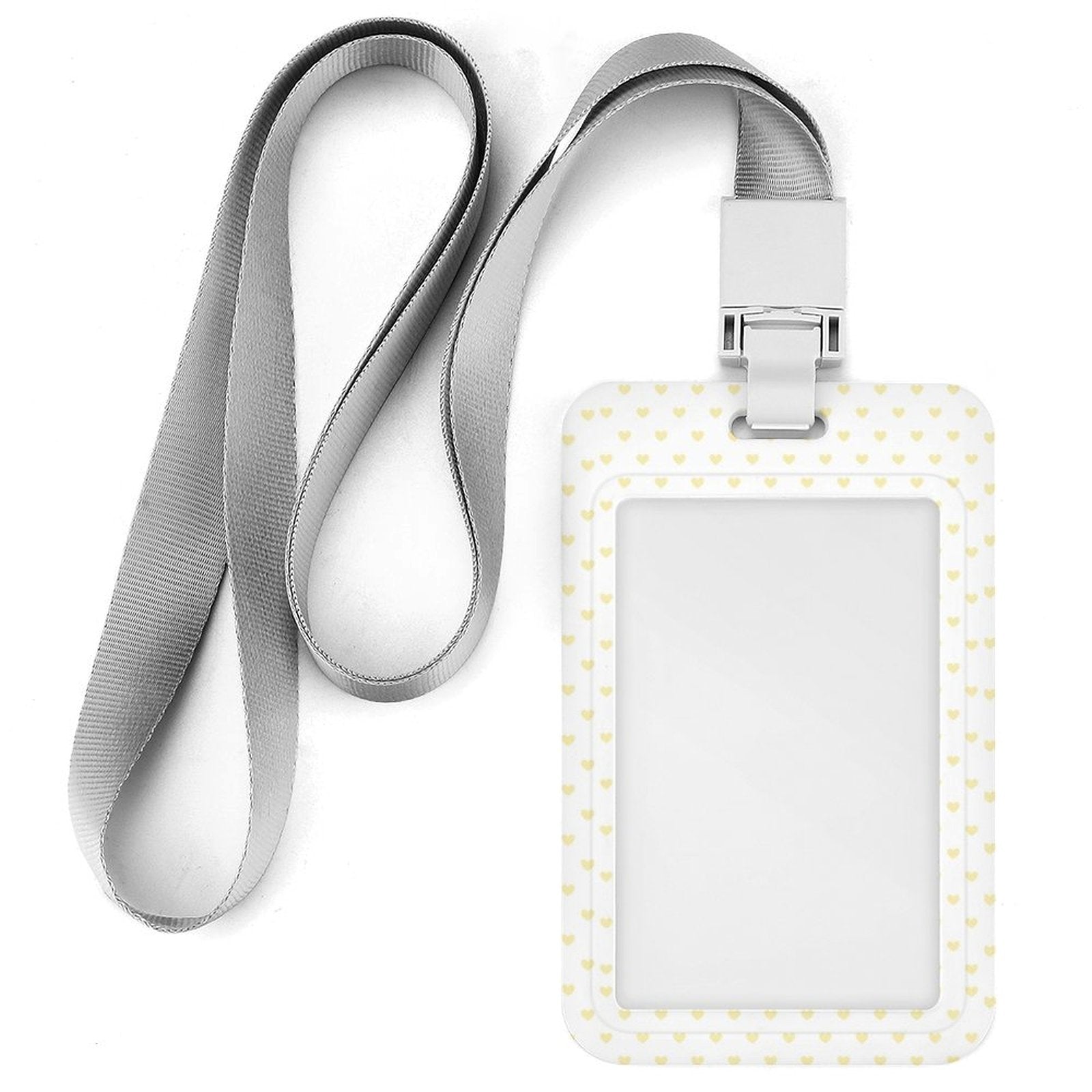 White ID badge holder with yellow hearts and a grey lanyard. Ideal for office ID cards.
