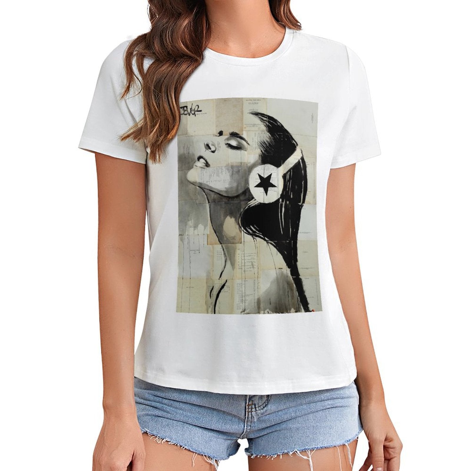 White Women's graphic tee with headphone star art print, classic style.