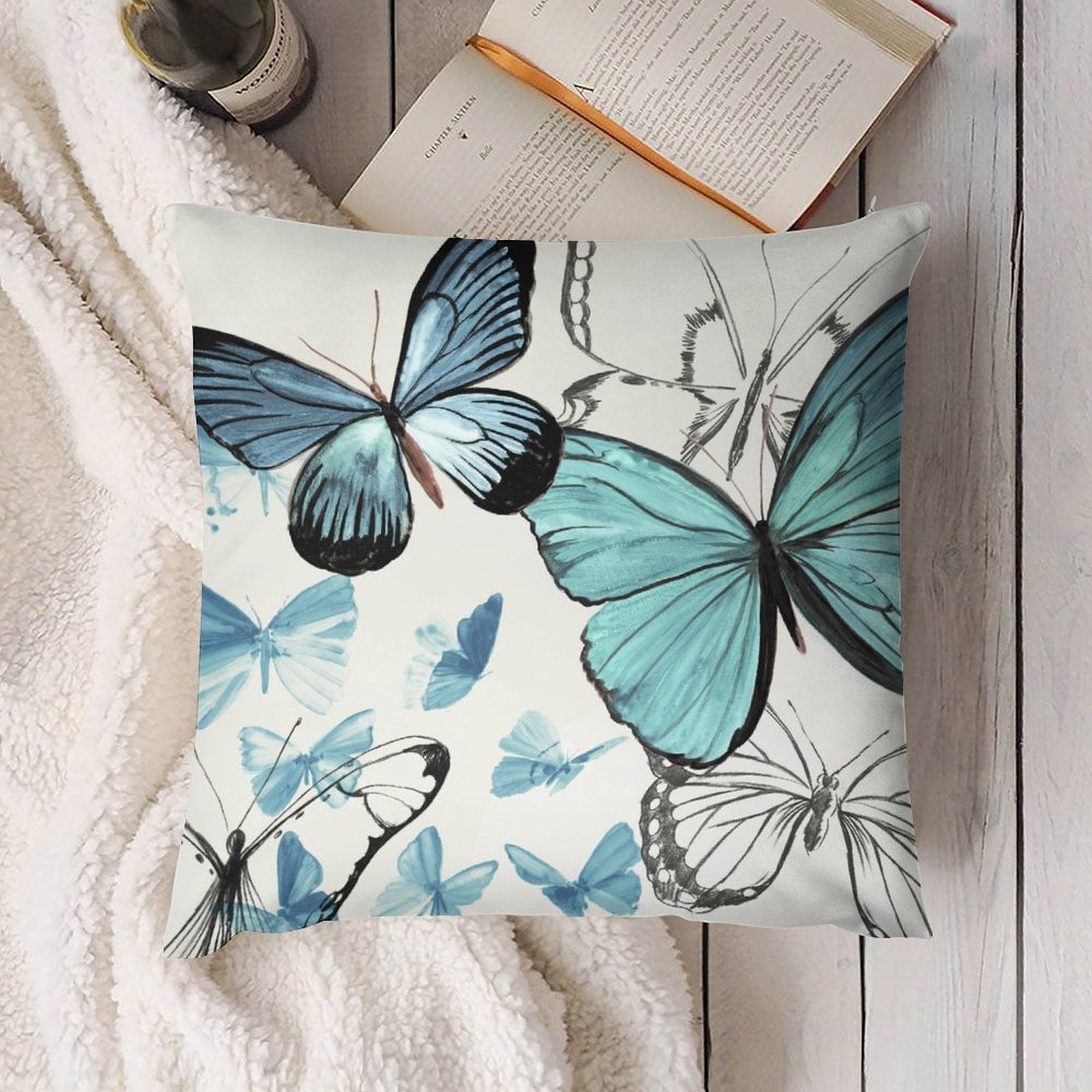 Luxury soft plush pillow cover with blue butterfly print, home decor for sofa, couch, or bedroom.