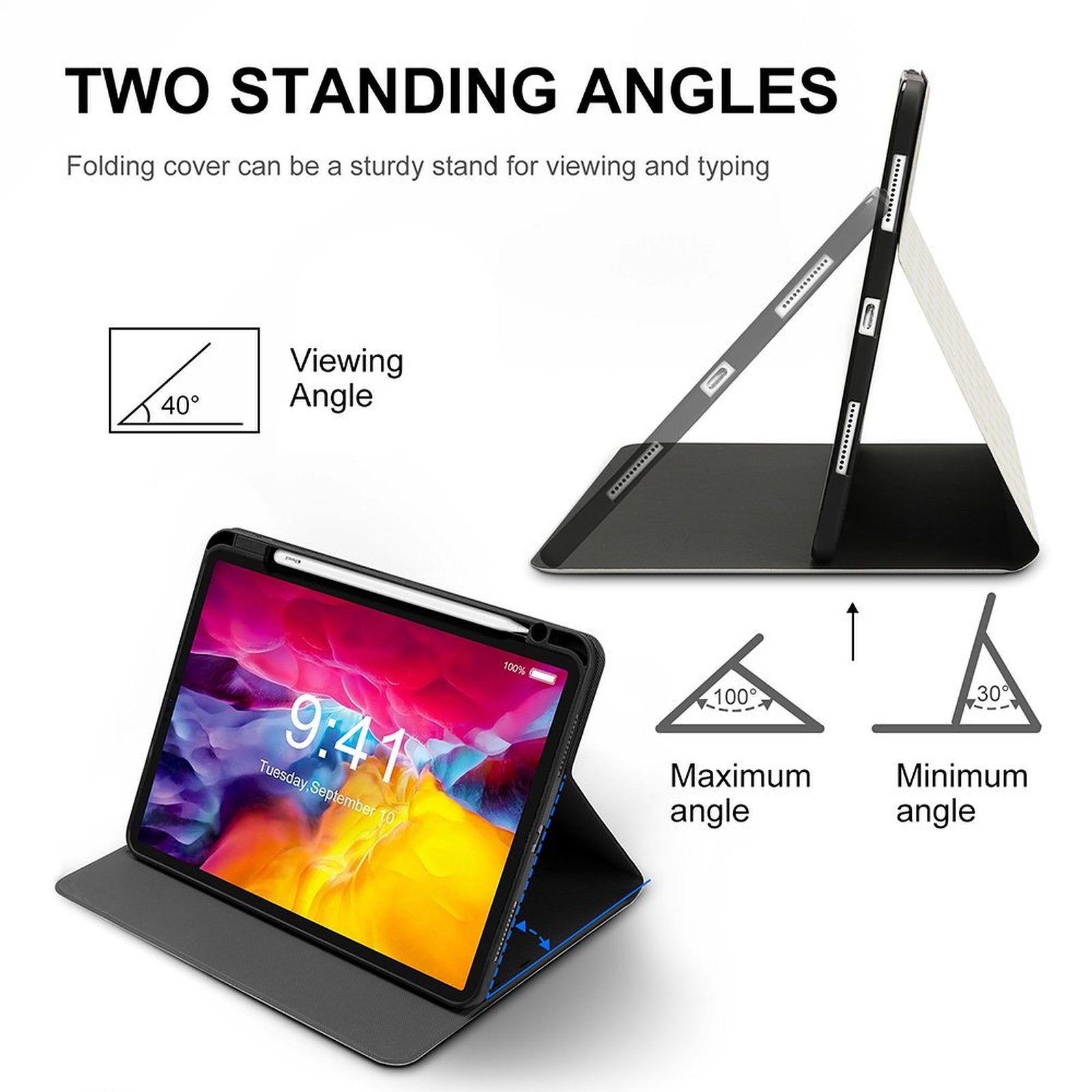 iPad case with adjustable stand, TPU cover, ideal for iPad Air/Pro. Two standing angles for viewing and typing.