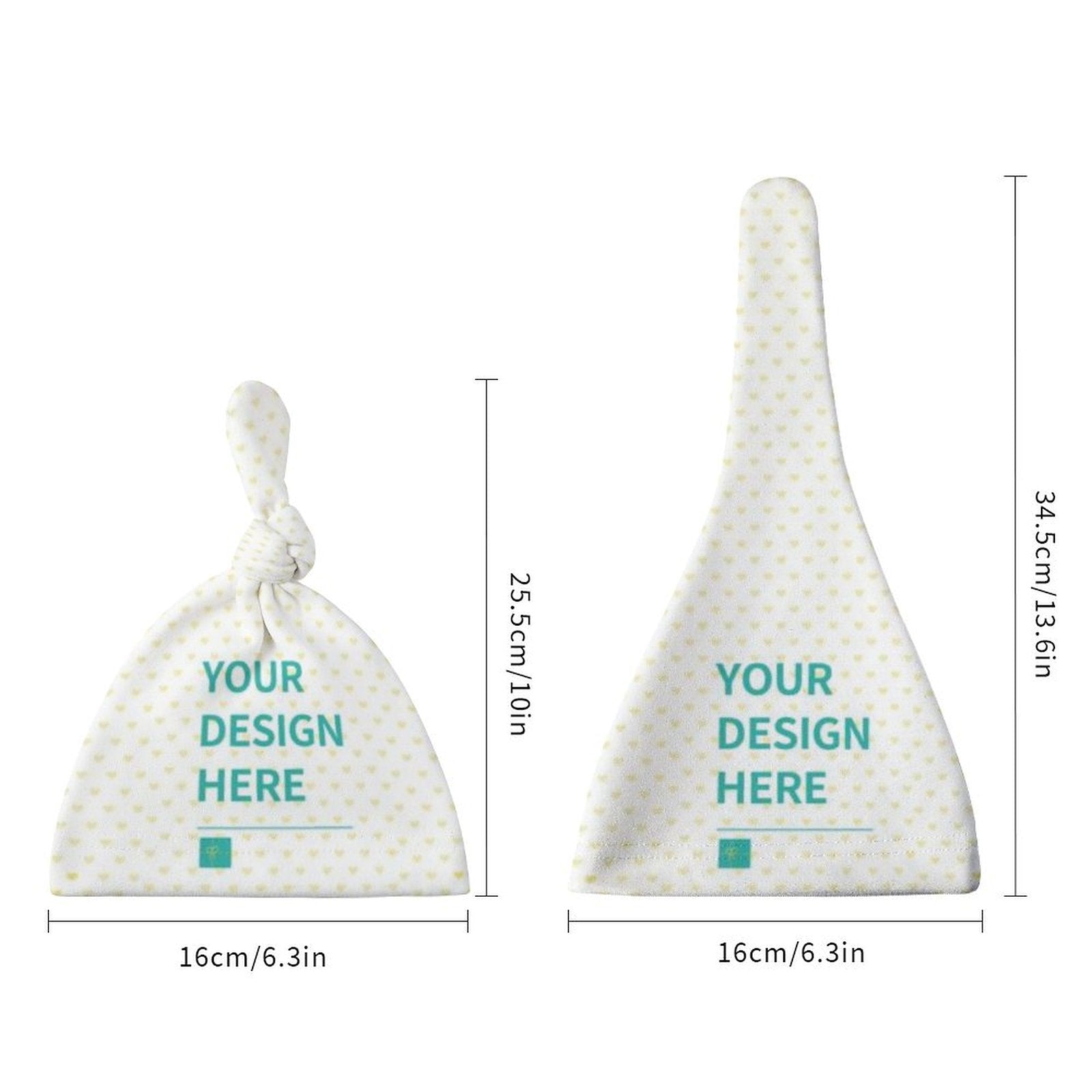 Customizable baby beanie hats with top knot and classic styles in white flannel fabric, with personalization area.