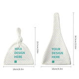 Customizable baby beanie hats with top knot and classic styles in white flannel fabric, with personalization area.